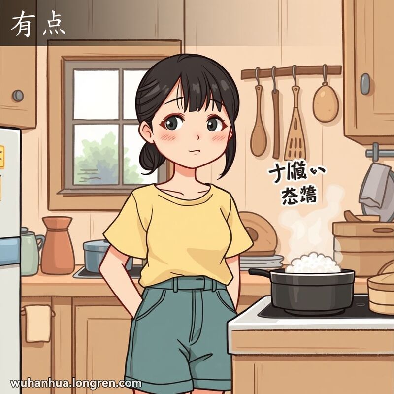 一位年轻女子在武汉厨房中，望着锅里的剩饭，脸上带着轻微的笑容，表达“有点”的意思。