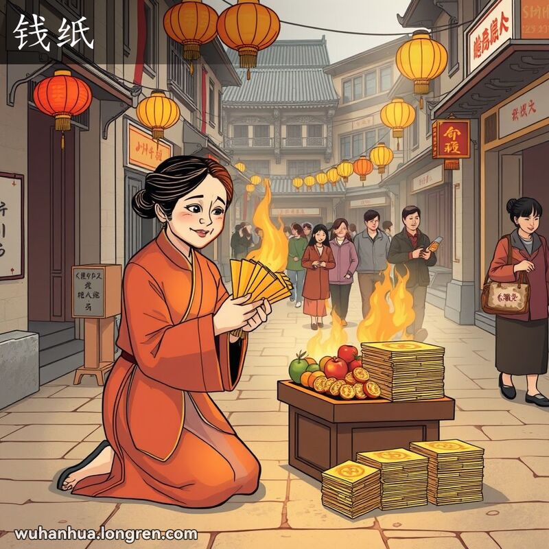 一位中年妇女在武汉传统街道的祭坛前烧纸钱，背景有其他居民和供品