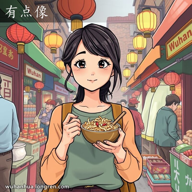 一位武汉女子在市场中手持热干面，露出若有所思的表情，背景是色彩斑斓的摊位和传统的中国灯笼