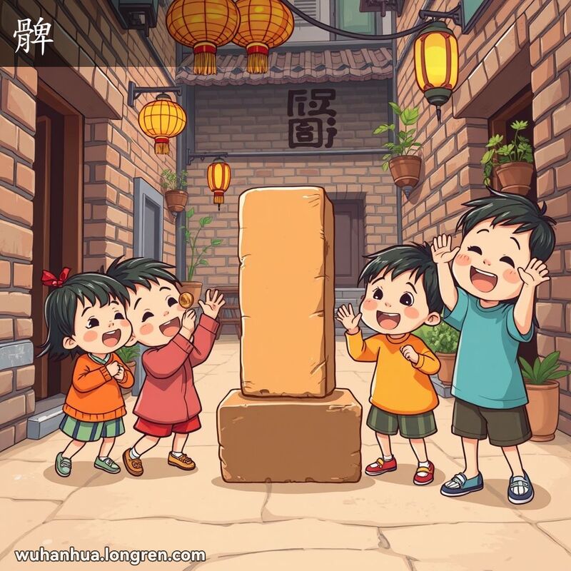 一群孩子在武汉老巷子里玩“打髀”游戏，背景有老砖墙和灯笼，孩子们兴奋地投掷小物件。