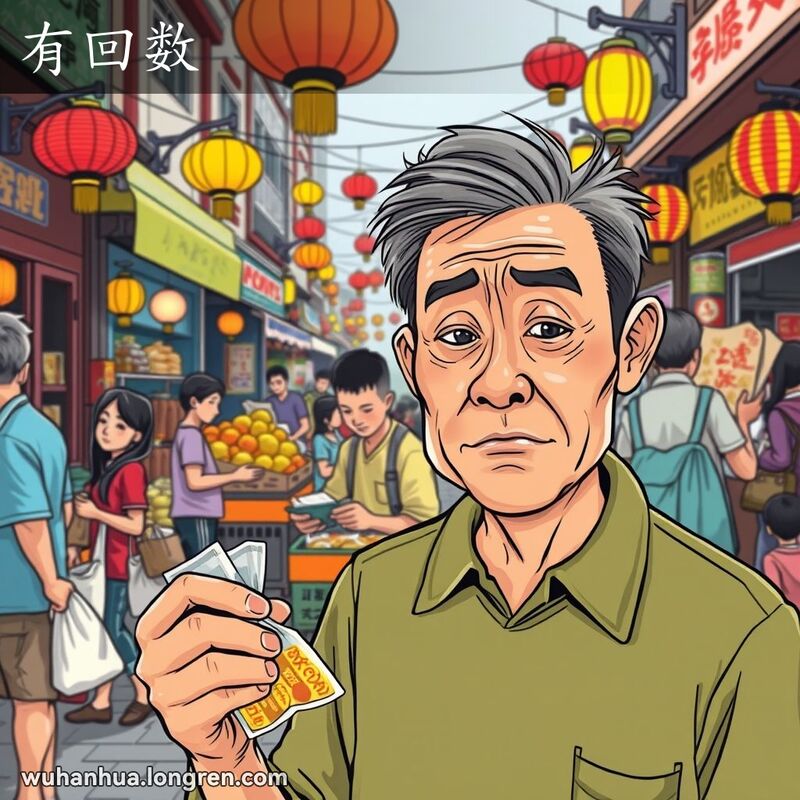 一位中年男子在武汉街市上手持零食，露出失望表情，背景是热闹的市场和收摊的摊贩