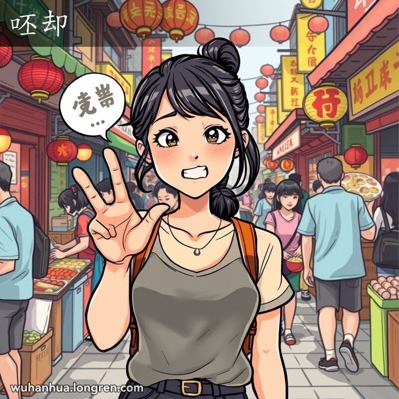 一位年轻的武汉女子在市场中，面露厌恶和不满的表情，手势坚决地表示拒绝，背景是繁忙的武汉市场