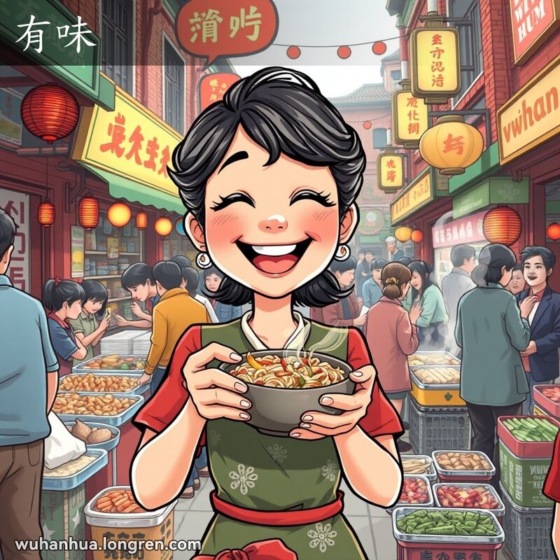 一位武汉女子在街市上品尝美味面条，脸上露出享受的笑容，背景是热闹的街市和小吃摊