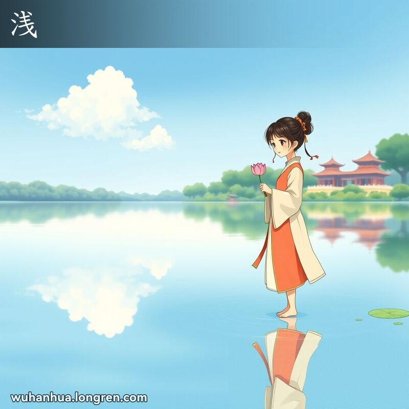 一位身穿传统服饰的少女站在宁静的湖边，湖水浅浅，手捧莲花，背景是绿植和中式亭台。