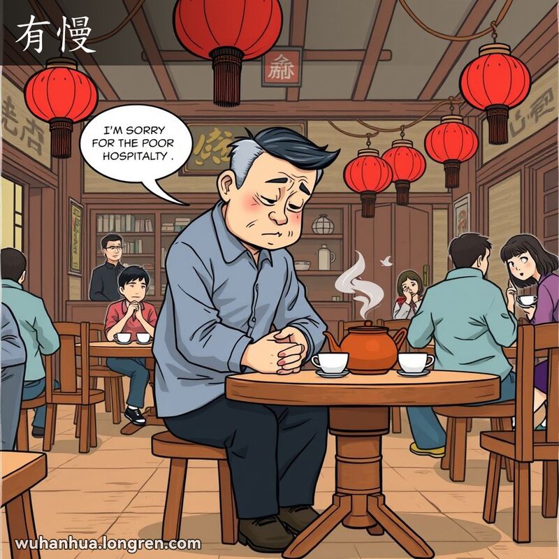 一位中年男子在武汉茶馆内，低头道歉，背景是其他顾客在享受茶点