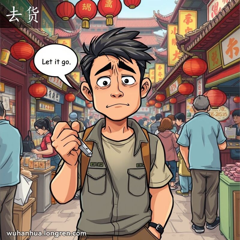 一位男子在武汉市场中拿着坏掉的物品，表情失望无奈，背景是热闹的市场场景。