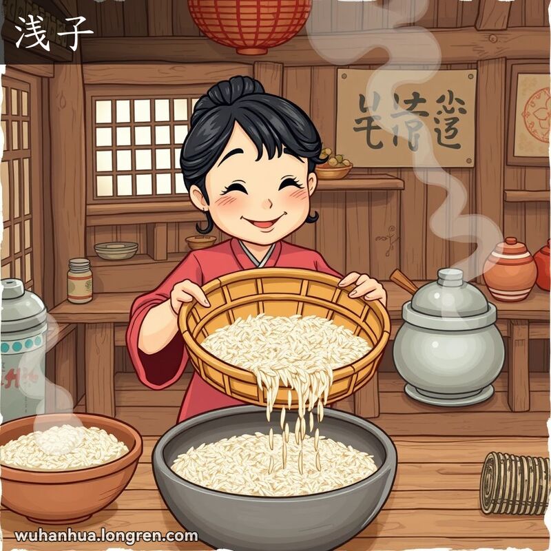 一位武汉妇女在传统厨房中使用浅子筛米，背景有其他传统炊具和食材