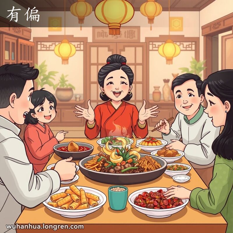一位武汉妇女在家中招待客人，邀请他们品尝美食，背景是温馨的家庭餐桌场景