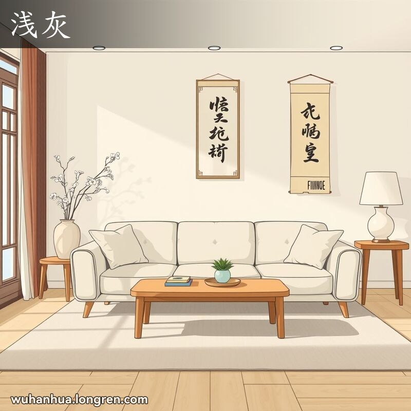 一个温馨的客厅，中央摆放着浅灰色家具，背景有传统中国装饰元素，营造出温暖舒适的氛围。