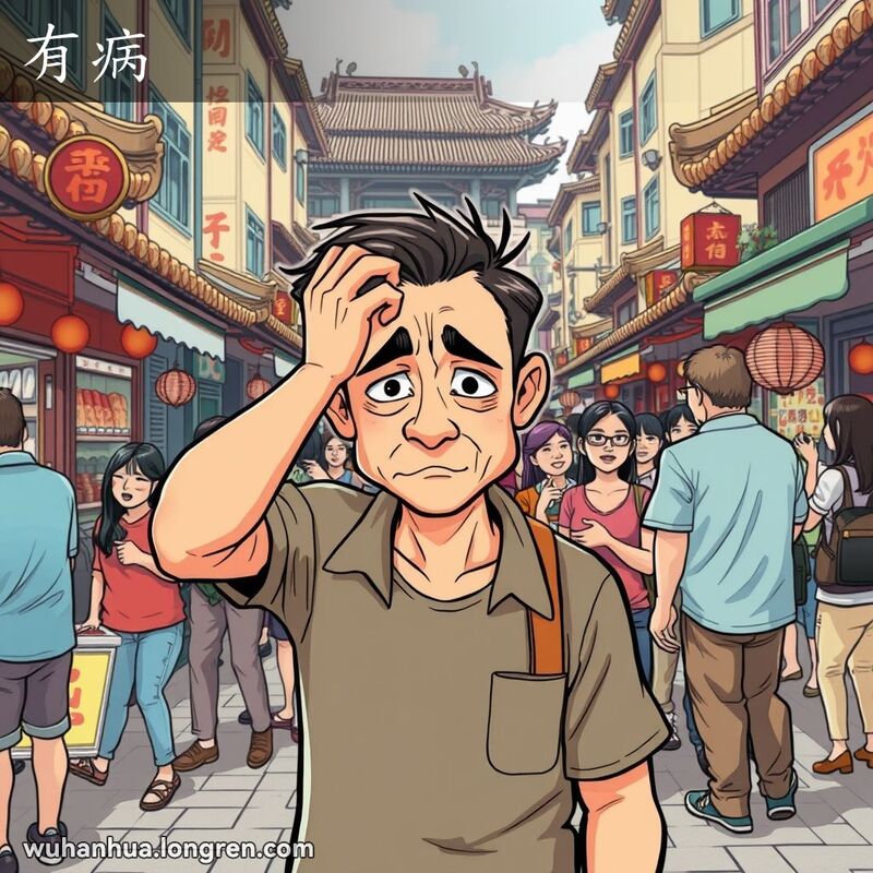 一位男子在武汉街头表情困惑痛苦，背景中几人窃窃私语指着他，暗示他行为异常。