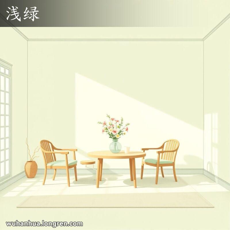 温馨的客厅，墙壁、桌子和椅子都是浅绿色，房间充满自然光，给人宁静和舒适的感觉。