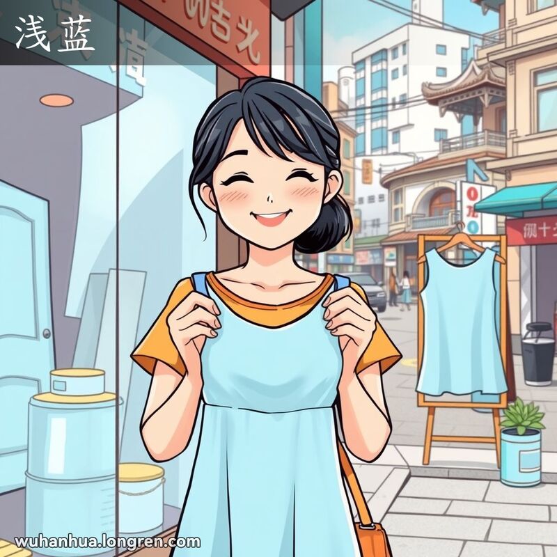 一位武汉女子站在服装店前，手持浅蓝色连衣裙，背景是武汉街景