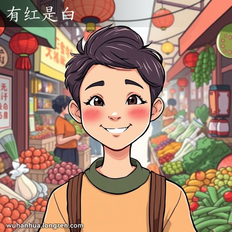 一位面色红润的武汉年轻人站在繁忙的本地市场中，背景是传统的武汉街头小贩和新鲜的水果蔬菜摊位。