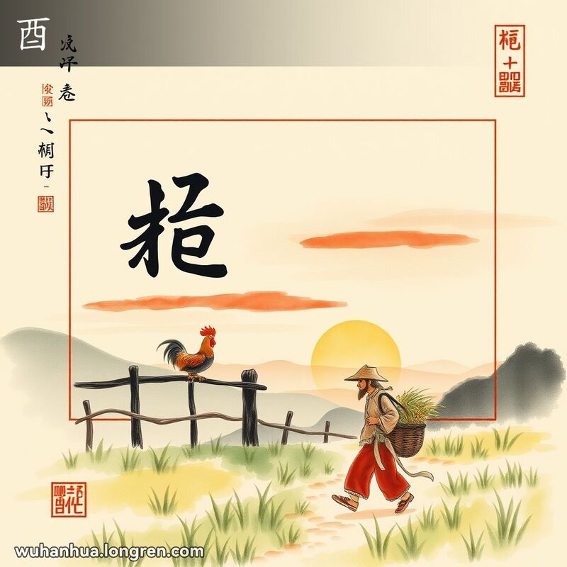 传统中国农村傍晚场景，公鸡站在栅栏上，农民挑着农作物归来，背景是温暖的日落天空，象征着“酉”时。