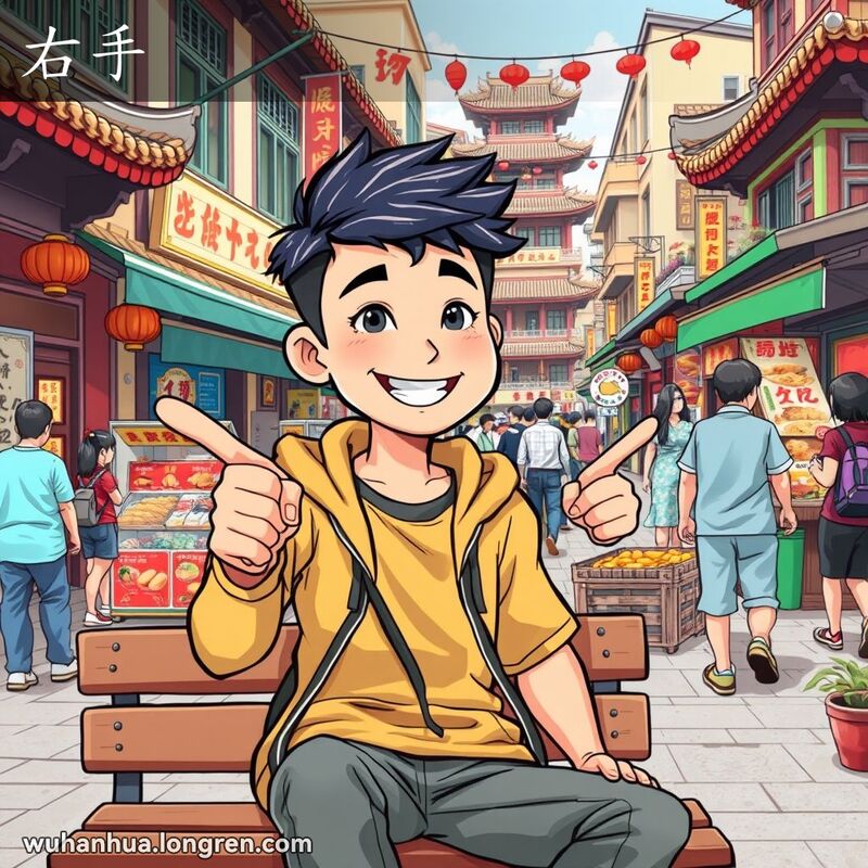 一位年轻男子坐在武汉街头的长椅上，用右手指向右边，背景是热闹的市场
