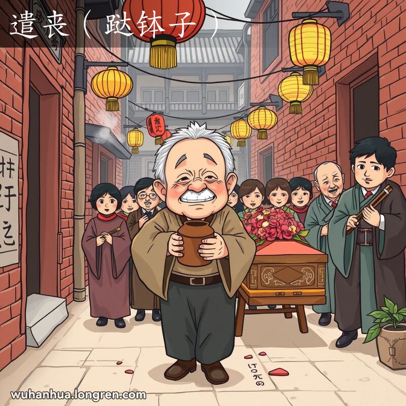 一位穿着传统丧服的老人在武汉老街巷中摔碎瓦钵，背景是送葬队伍和传统中国灯笼