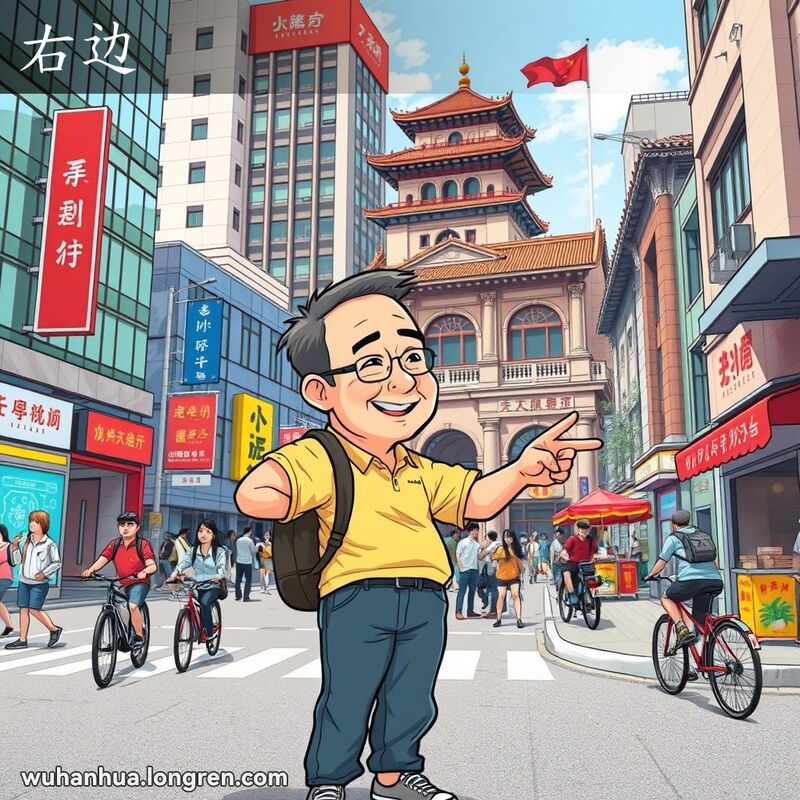 武汉市民站在街道交叉口，指向右边的方向，背景是武汉的街景和地标
