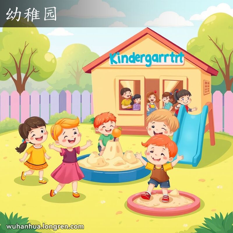 一群儿童在五彩缤纷的游乐场上快乐玩耍，背景是幼稚园的建筑和老师们与孩子们互动的场景。