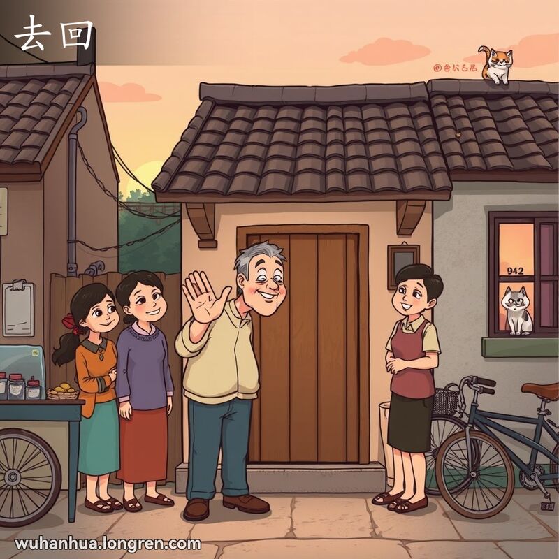 一群朋友在武汉老街区的小房子前告别，天色渐暗，一位中年男子挥手示意大家该回家了，背景有街边摊贩和自行车。