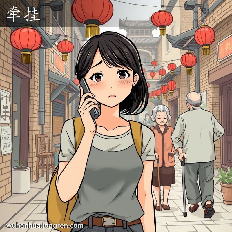 一位年轻女子在武汉街头打电话，脸上带着担忧的表情，远处是一对老年夫妇，背景是武汉的传统建筑