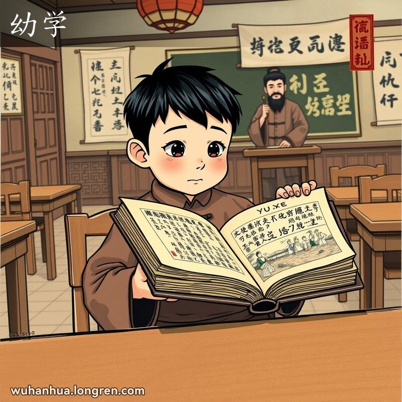 一个小男孩在传统教室里专注阅读《幼学》古书，背景有老师讲解和书法卷轴
