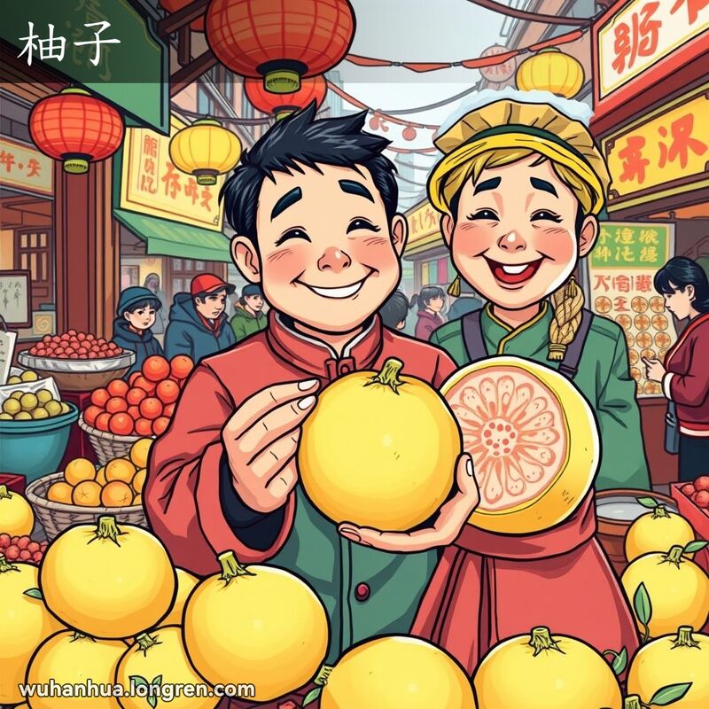 武汉冬季街头市场，水果摊上摆满柚子，摊贩微笑展示手中的柚子，背景热闹。