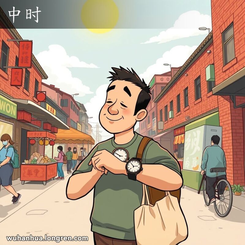武汉街道中午景象，一位男子看着手表，时间显示为12:00，背景有街边小摊和老建筑