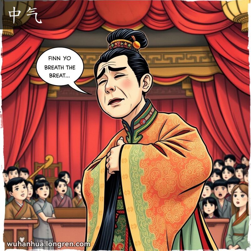 一位中国戏曲演员在舞台上表演，面露“中气不足”的表情，背景是传统戏曲舞台