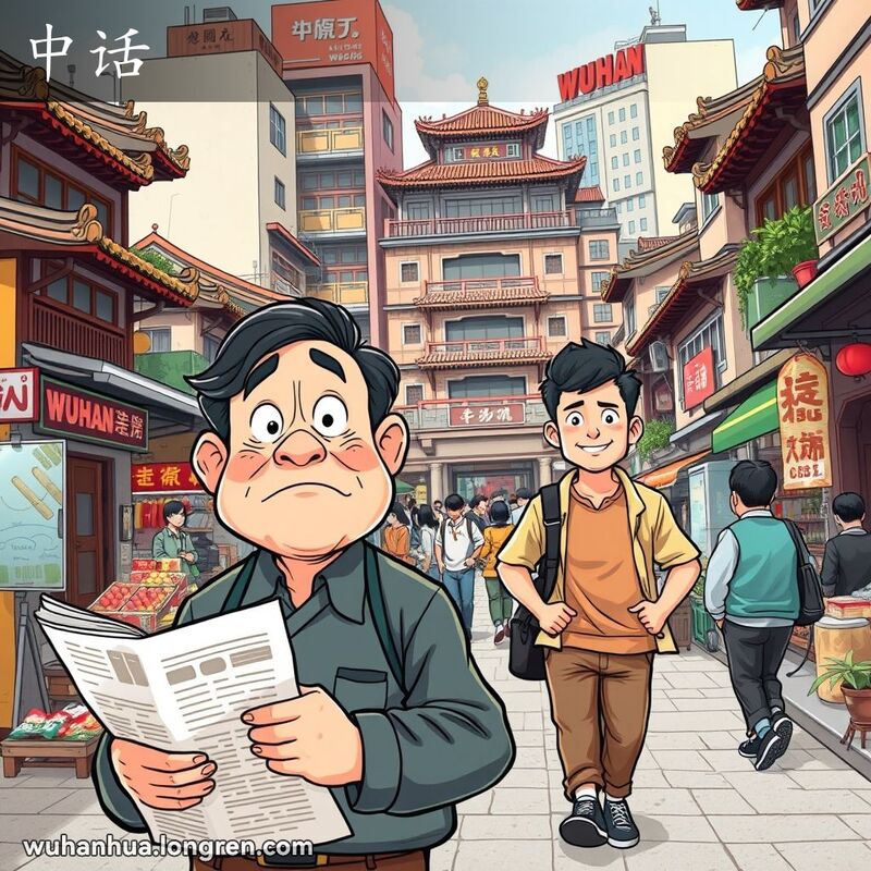 一位中年男子手持报纸，露出惊讶且略带怀疑的表情，背景是繁忙的武汉街道，年轻人自信地走来。
