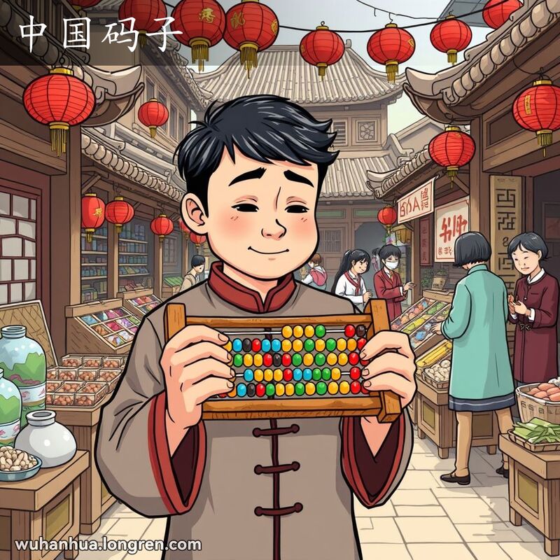 一位穿着传统服装的武汉本地人在市场上手持算盘计算，背景是古色古香的中国建筑和摊贩。