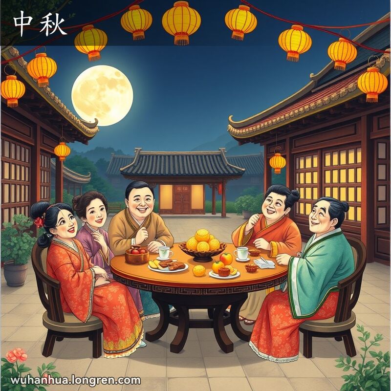 一家人在中秋节团聚，围坐在圆桌旁，桌上有月饼和水果，背景是挂着红灯笼的中国庭院。