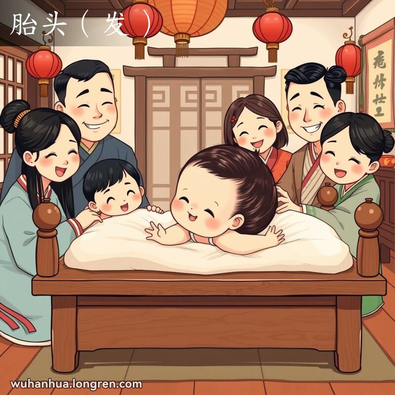 新生婴儿躺在传统中式木床上，头上有一头柔软的黑发，家人围绕在旁边，背景是温馨的中式家居环境