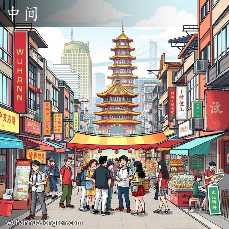 武汉市街道中间的热闹市场，人们在中央聊天和欢笑，背景有黄鹤楼和长江大桥。