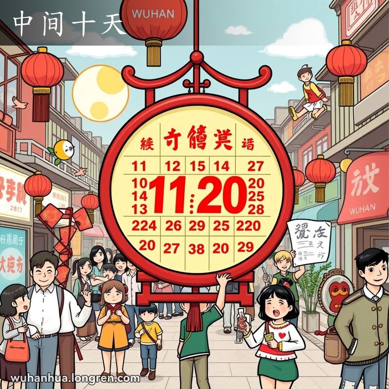 一个传统中国日历，11日到20日被突出显示，周围有半圆月亮、半开花朵和拿中旬工资的人，背景是武汉街景。