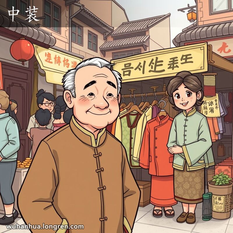一位穿着中式服装的老人站在街边服装摊前，背景是繁忙的老街市场，摊位上展示着各种中式服装。