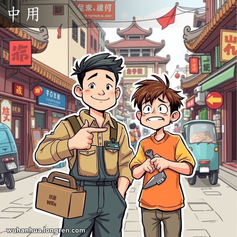 武汉街道上，一位自信能干的年轻人和一位无能的人并肩而立，前者指向后者，显示能力对比。