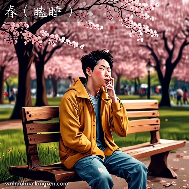 一位年轻的武汉市民坐在公园长椅上，打着哈欠，眼睛半闭，背景是樱花盛开的公园