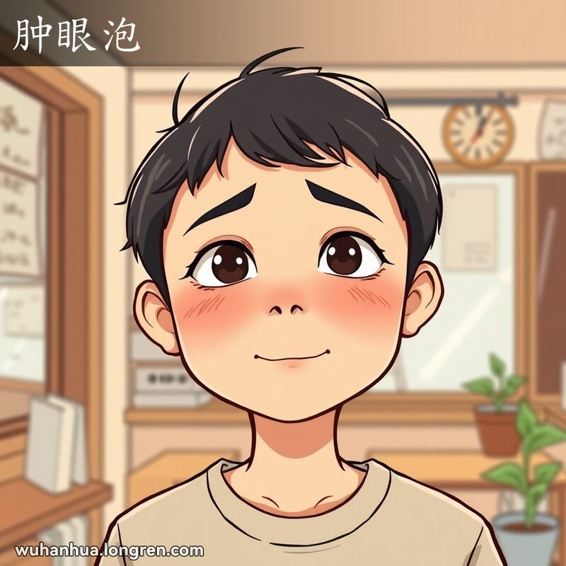 一位上眼皮肥厚的人物特写，突出了“肿眼泡”的特征，背景是温馨的家庭环境