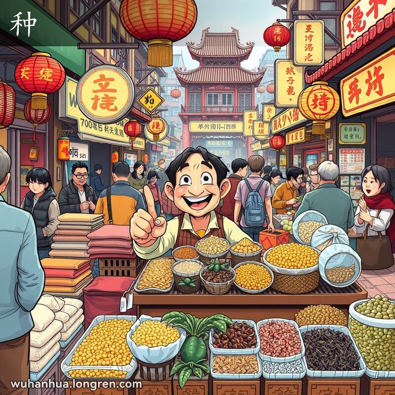 武汉市场摊贩展示各种商品，体现“种”的多样性