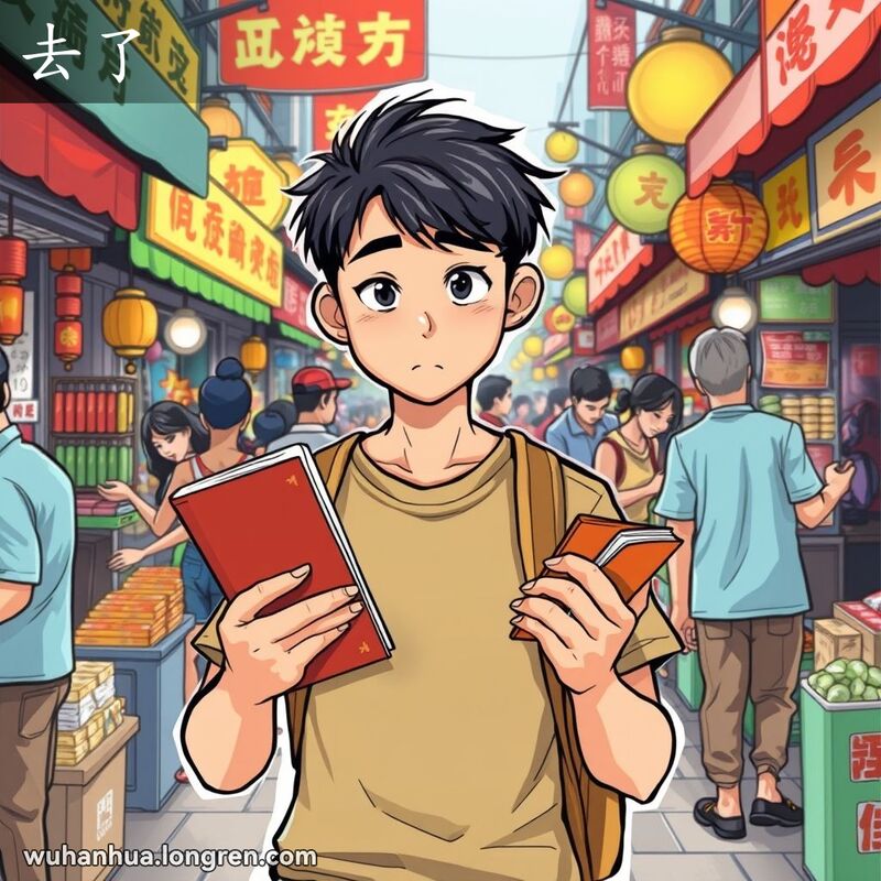 一位年轻男子在武汉市场买书后钱包变轻，脸上带有失望的表情，背景是热闹的市场场景