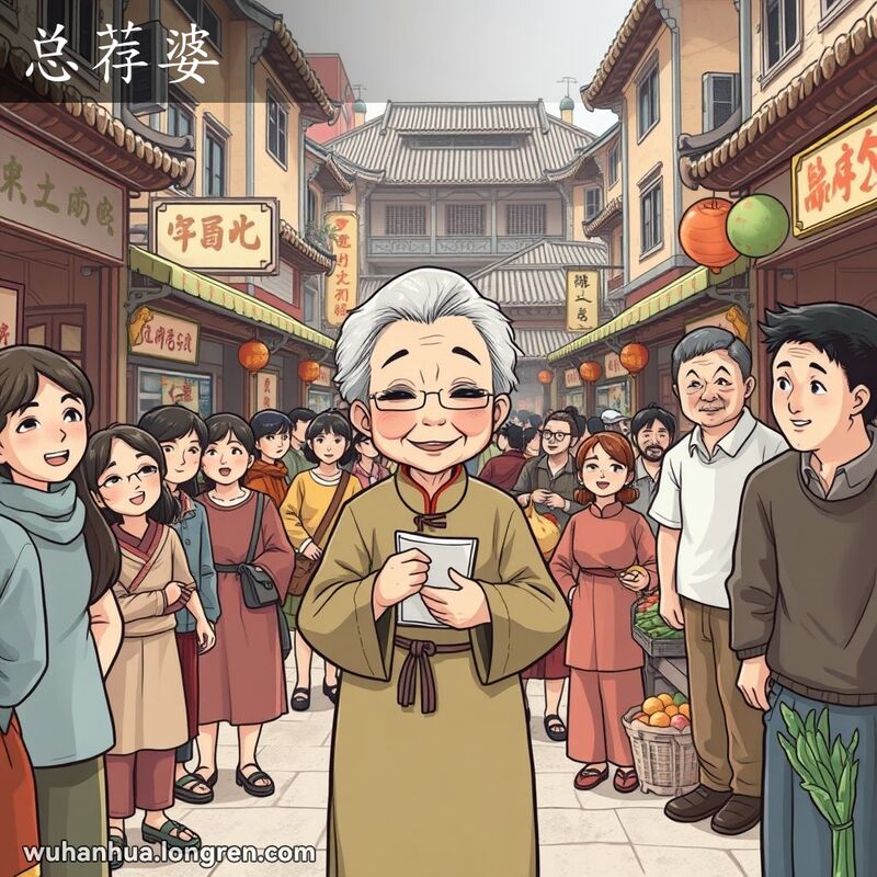 一位传统打扮的武汉老妇人站在市场中央，周围是年轻男女，她手持小本子和笔，背景是武汉老街景