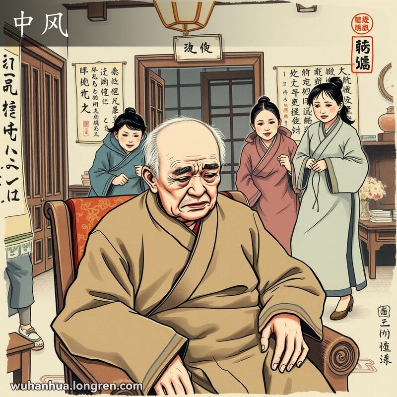 一位武汉老人在家中遭受中风，身体一侧瘫痪，家人忙碌地提供帮助，背景是传统中国装饰的房间。
