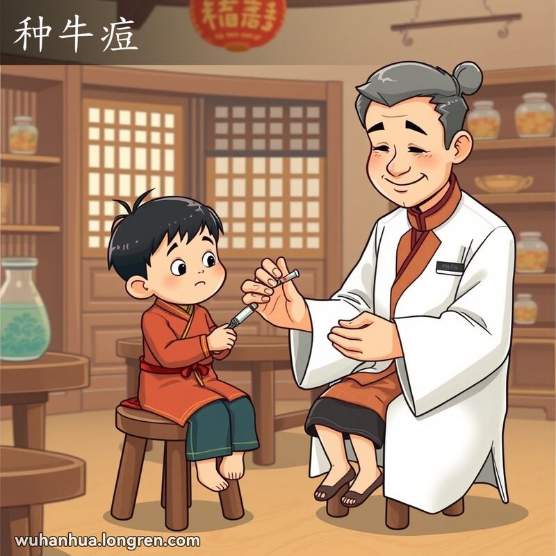 一个中医诊所内，医生正在为孩子接种天花疫苗，孩子坐在凳子上，背景是木质家具和草药罐