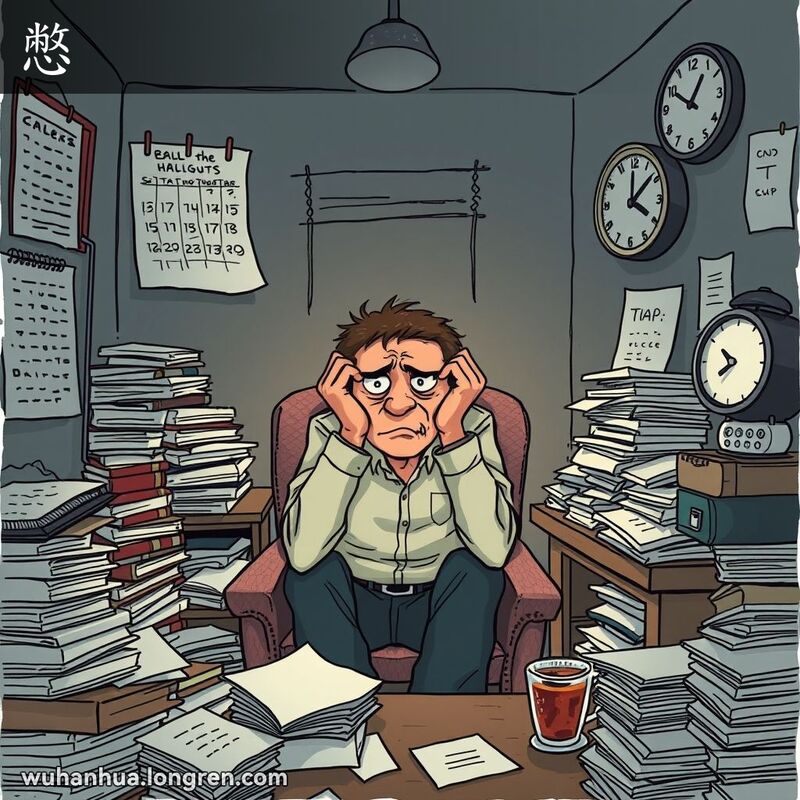 一位男子在杂乱的房间里，头埋在手中，表情沮丧，背景有冷茶、日历和时钟，显示深夜。