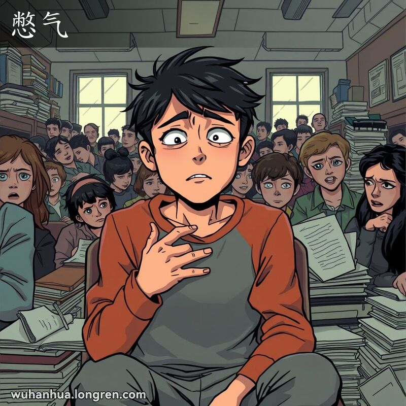 一个年轻人在拥挤、闷热的房间里，呼吸困难，表情痛苦，背景是凌乱的空间。