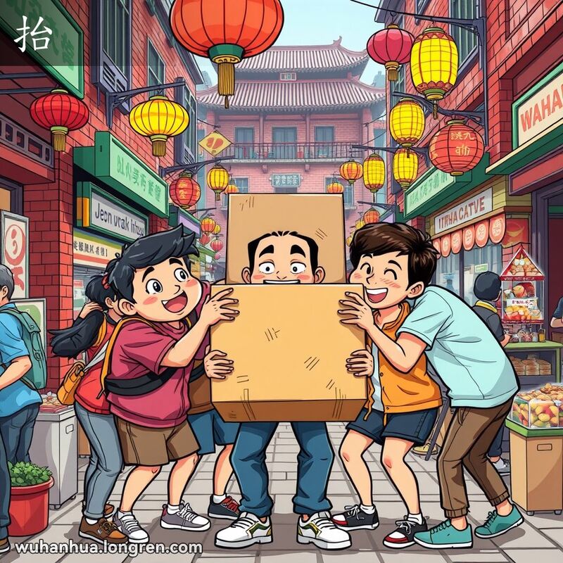 一群朋友在武汉街头市场合力抬起一个沉重的箱子，背景是武汉老街景