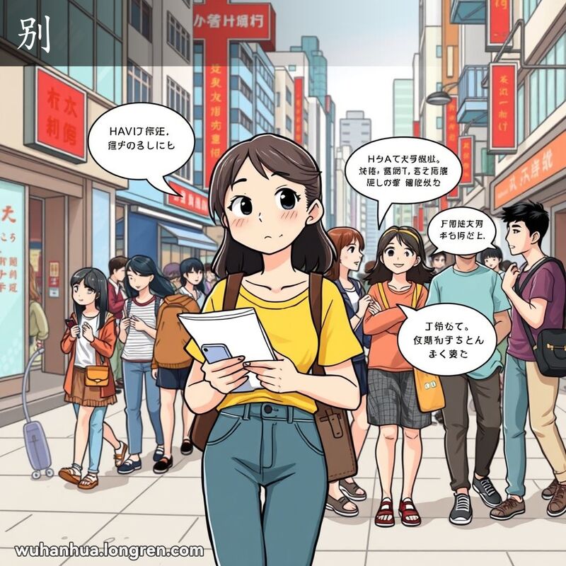 一位年轻女子在武汉街头手持购物清单和手机，神情困惑，背景中一群朋友在交谈，其中一人纠正另一人的发音。