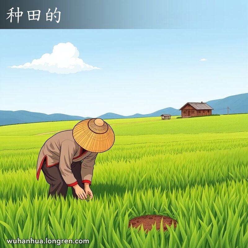 一位中年农民在田间种植作物，背景是绿油油的田野和宁静的乡村景色