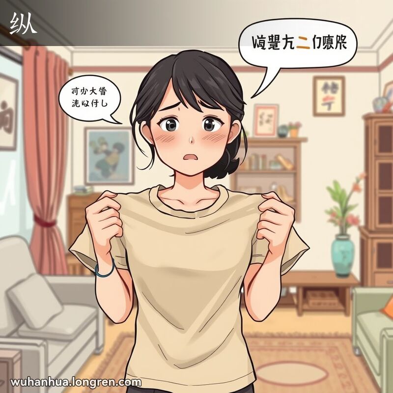 一位武汉妇女站在客厅里，手中拿着一件皱巴巴的衬衫，表情懊恼。