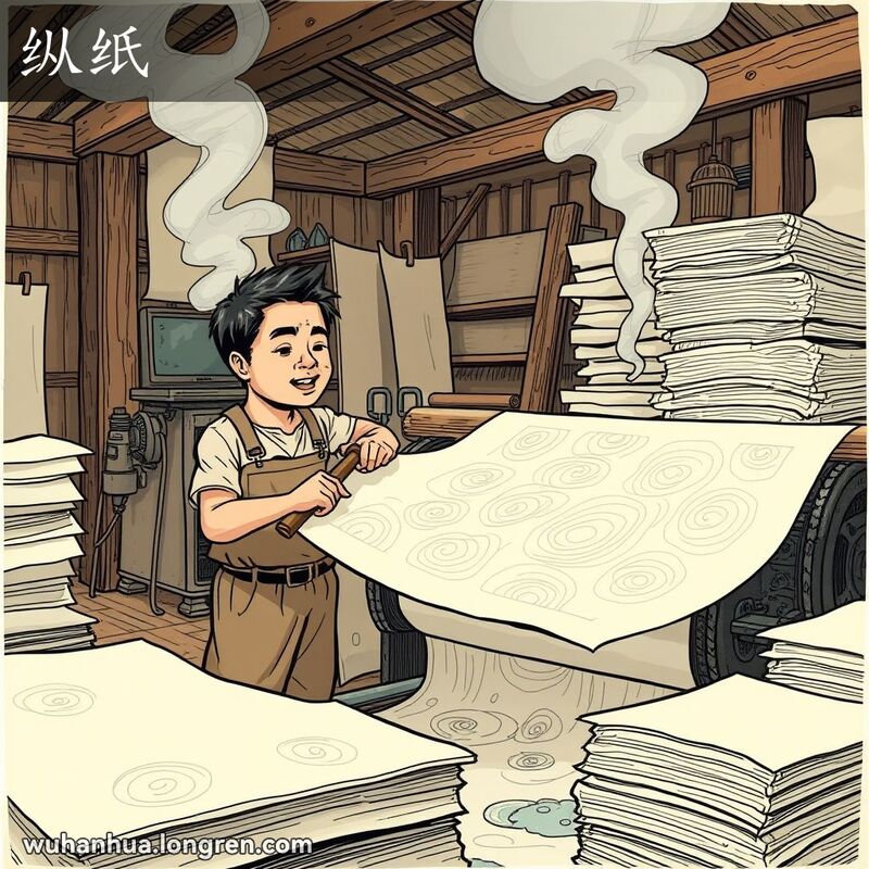 一位武汉纸厂工人正在用工具在湿纸上制作皱纹，背景是老旧的机械和成品纸张